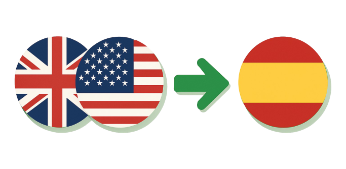 Banderas Flecha que dirige las banderas de Reino Unido y EE. UU. hacia la bandera de España.